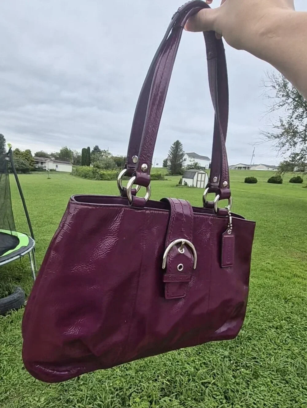 Coach Soho Plum Crinkle Patent Leather Large Buckle Tote Shoulder Bag
